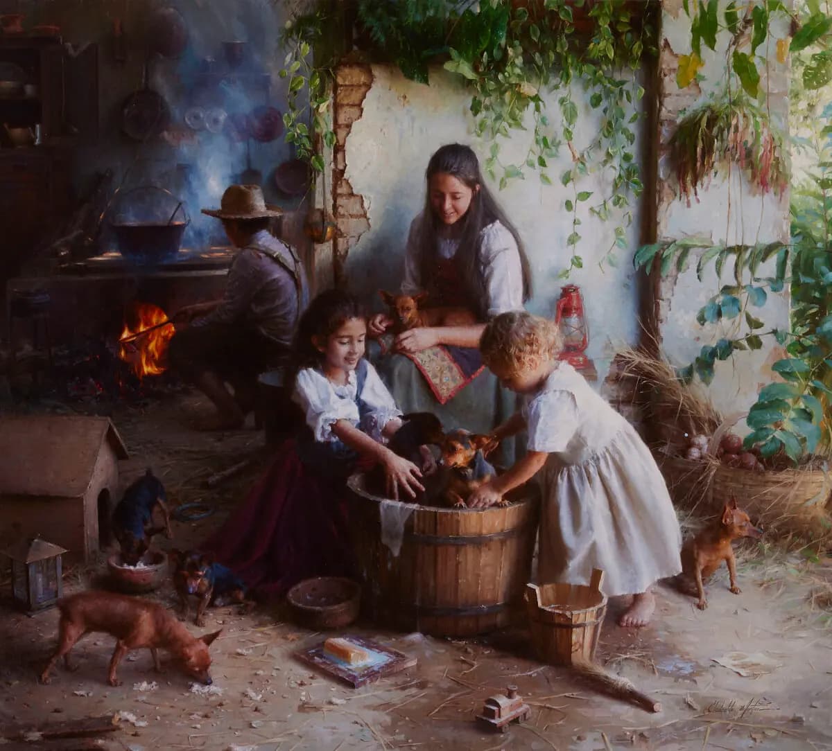 "Bath Time" de Clodoaldo Geovani Martins, Brasil. Óleo sobre lienzo; 91.44 x 101.68 cm. Obra ganadora de la medalla de bronce en el 6.º Concurso Internacional de Pintura de Figuras NTD. (Cortesía del Concurso Internacional de Pintura Figurativa de NTD).