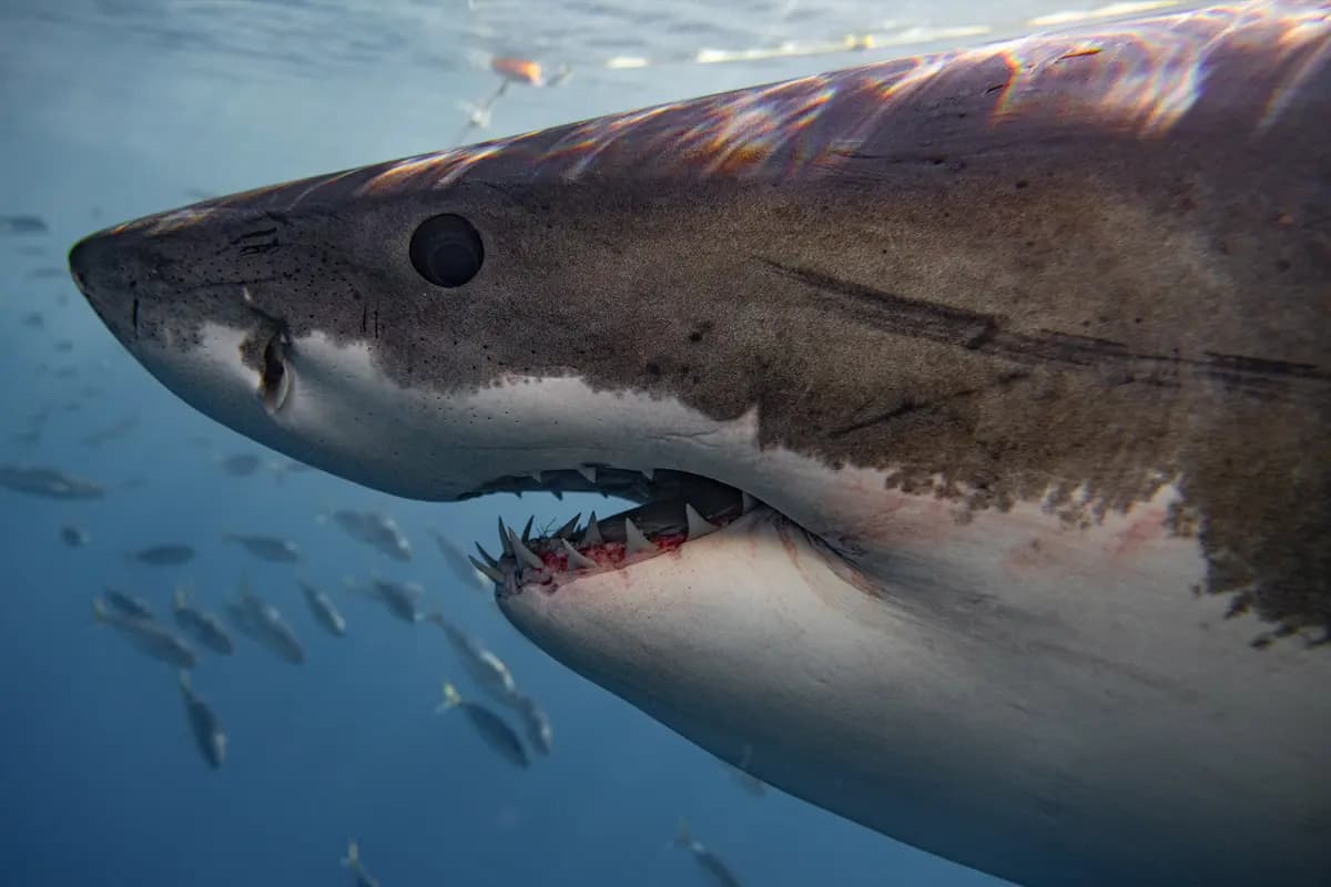 El perfil de un gran tiburón blanco revela hileras de dientes afilados y sus distintivos ojos redondos y negros. (Cortesía de <a href="https://www.euanart.com/" target="_blank" rel="noopener">Euan Rannachan</a>)