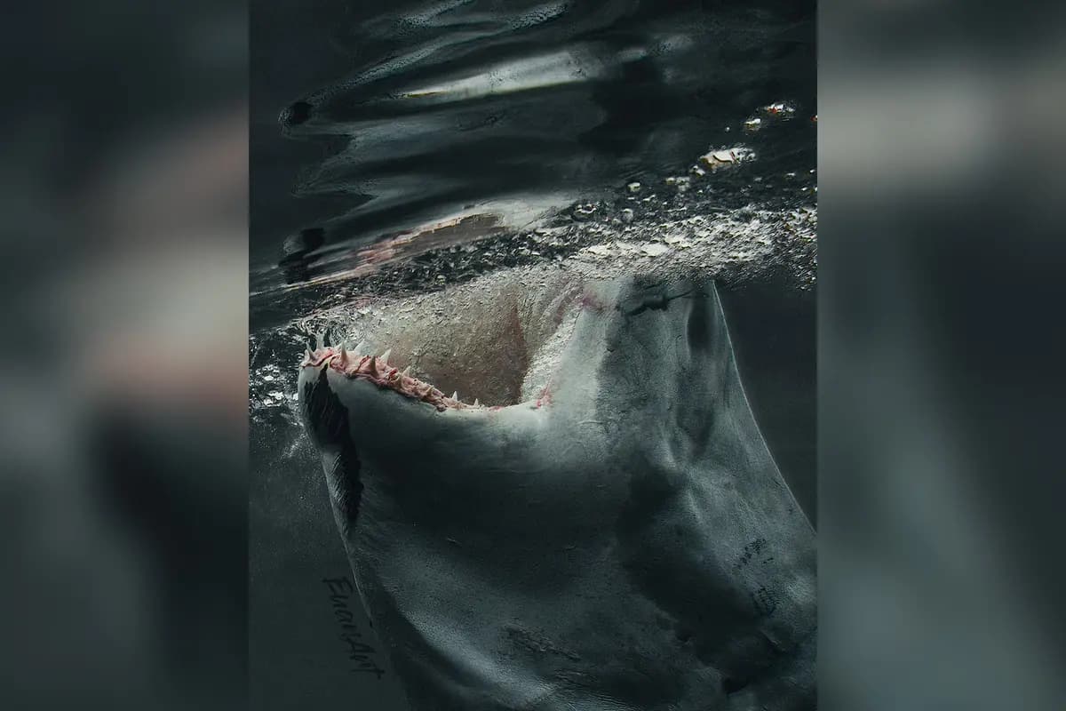 Un gran tiburón blanco exhibe el tamaño de sus fauces abiertas mientras atrapa el cebo. (Cortesía de <a href="https://www.euanart.com/" target="_blank" rel="noopener">Euan Rannachan</a> )