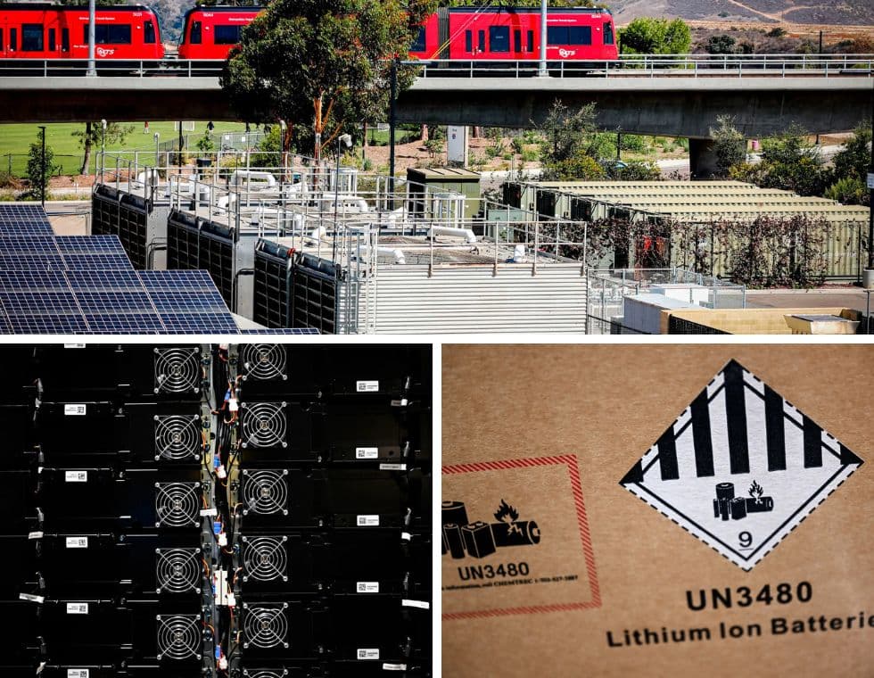 (Arriba) Contenedores de almacenamiento de energía con baterías de iones de litio (D) en la Universidad de California-San Diego en La Jolla, California, el 16 de septiembre de 2022. (Abajo a la izquierda) Baterías de iones de litio dentro del Sistema de Almacenamiento de Energía de Baterías AES Alamitos, que proporciona energía renovable almacenada para suministrar electricidad durante los períodos de máxima demanda, en Long Beach, California, el 16 de septiembre de 2022. (Abajo a la derecha) El símbolo de la etiqueta de materiales UN3480 se muestra en una caja que contiene baterías de iones de litio que se instalarán en el Sistema de Almacenamiento de Energía de Baterías AES Alamitos en Long Beach, California, el 16 de septiembre de 2022.( Sandy Huffaker, Patrick T. Fallon/AFP vía Getty Images)