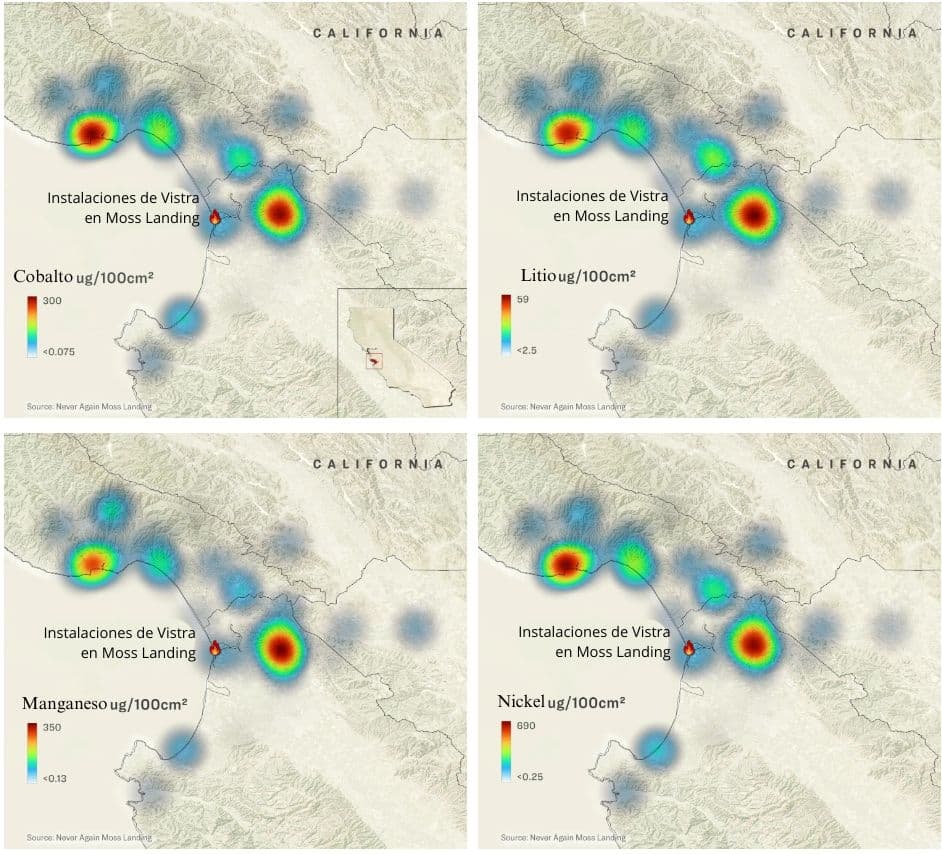 Mapa que muestra los niveles de cobalto, litio, manganeso y níquel en las inmediaciones de la central eléctrica de Moss Landing, California, tras el incendio. (Ilustración de The Epoch Times).