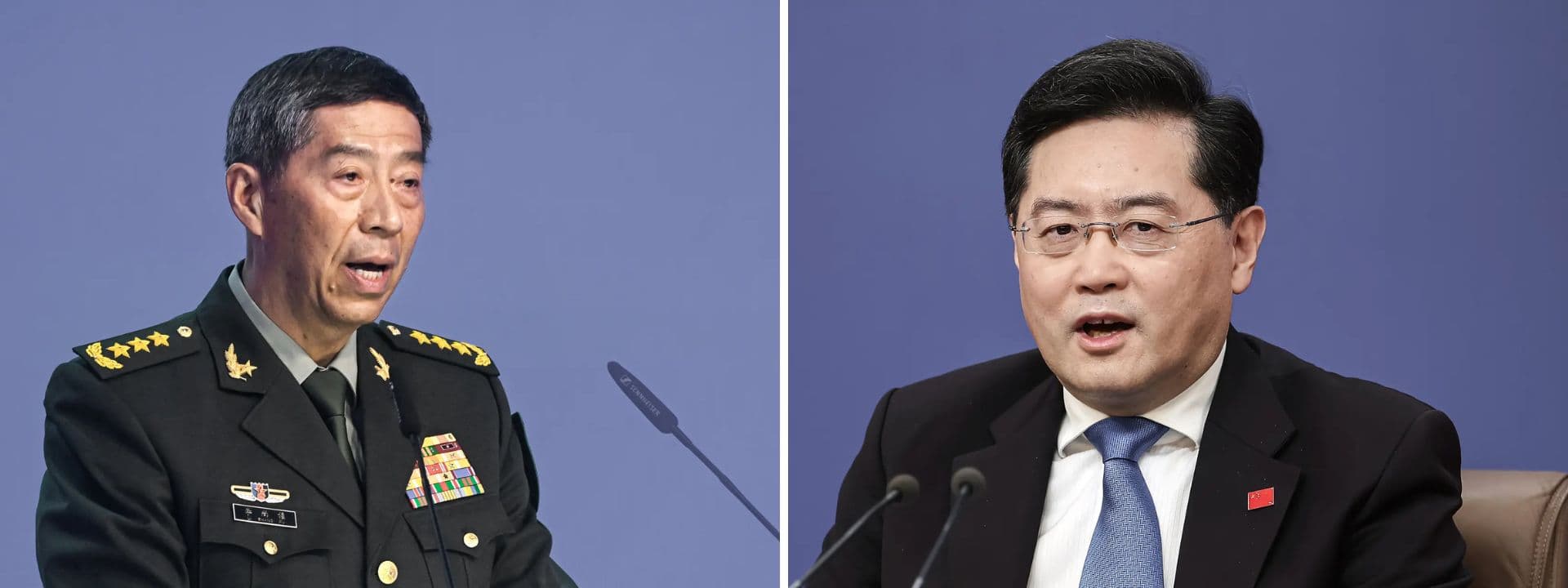 (Izquierda) El ministro de Defensa de China, Li Shangfu, pronuncia un discurso durante la Conferencia de Moscú sobre Seguridad Internacional en Kubinka, Rusia, el 15 de agosto de 2023. Li fue destituido de su cargo en octubre de 2023 tras sólo cinco meses en el puesto y fue expulsado del Partido Comunista Chino en junio. (Derecha) El ministro de Asuntos Exteriores de China, Qin Gang, asiste a una rueda de prensa durante la Primera Sesión de la XIV Asamblea Popular Nacional en el Centro de Prensa de Beijing el 7 de marzo de 2023. Qin, ex embajador en Estados Unidos, ocupó el cargo de ministro de Asuntos Exteriores durante menos de un año, de diciembre de 2022 a julio de 2023, antes de desaparecer de la escena pública durante semanas antes de su destitución. Alexander Nemenov/AFP vía Getty Images, (Lintao Zhang/Getty Images)
