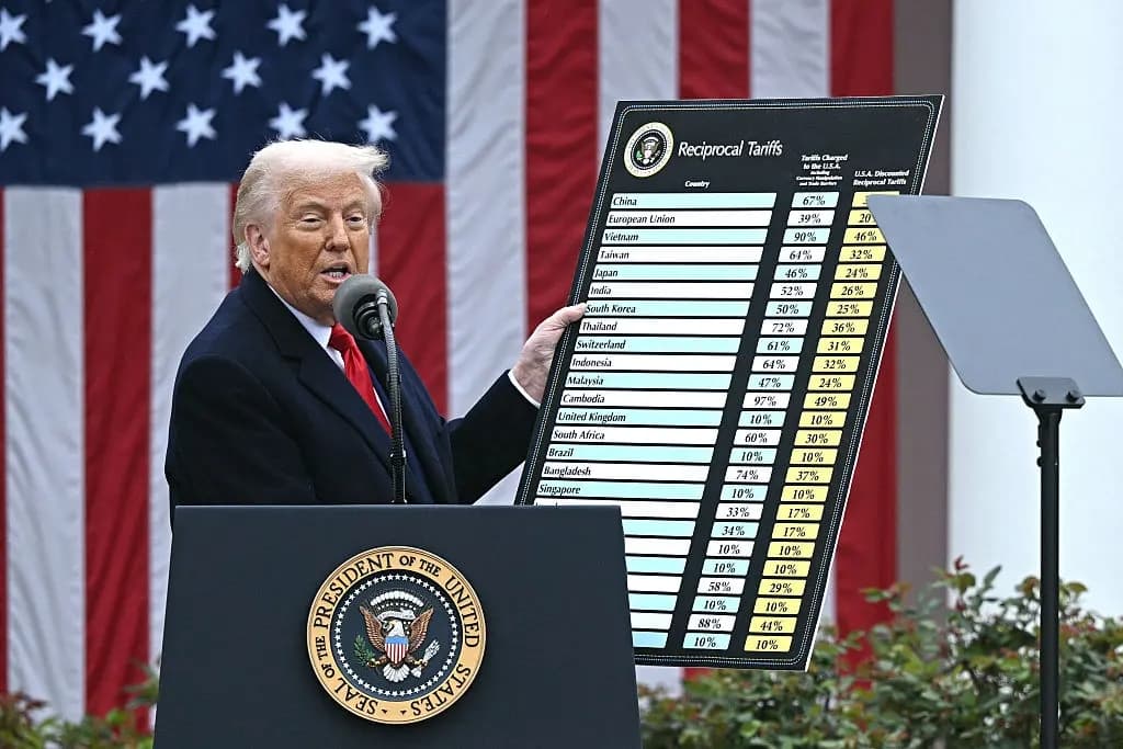El presidente Trump sostiene un gráfico mientras pronuncia unas palabras sobre los aranceles recíprocos durante un acto en el Jardín de las Rosas, el 2 de abril de 2025. (Brendan Smialowski/AFP a través de Getty Images)
