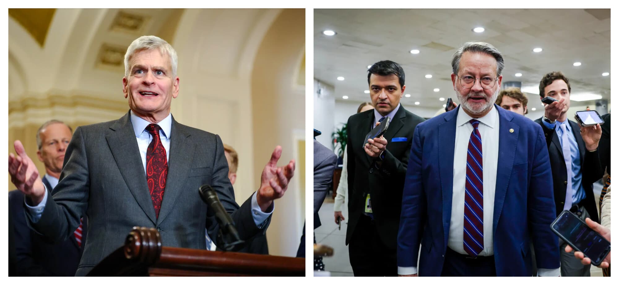 (I) El senador Bill Cassidy (R-La.) habla con la prensa tras el almuerzo semanal de política republicana del Senado en el Capitolio de los Estados Unidos el 11 de marzo de 2025. (D) El senador Gary Peters (D-Mich.) habla con la prensa en el Capitolio de los Estados Unidos el 13 de enero de 2025. Cassidy y Peters reintrodujeron la Ley de Protección de Datos Genómicos, que permitiría a los estadounidenses que utilizan pruebas de ADN caseras eliminar sus datos genómicos y solicitar la destrucción de sus muestras biológicas. (Kayla Bartkowski/Getty Images)