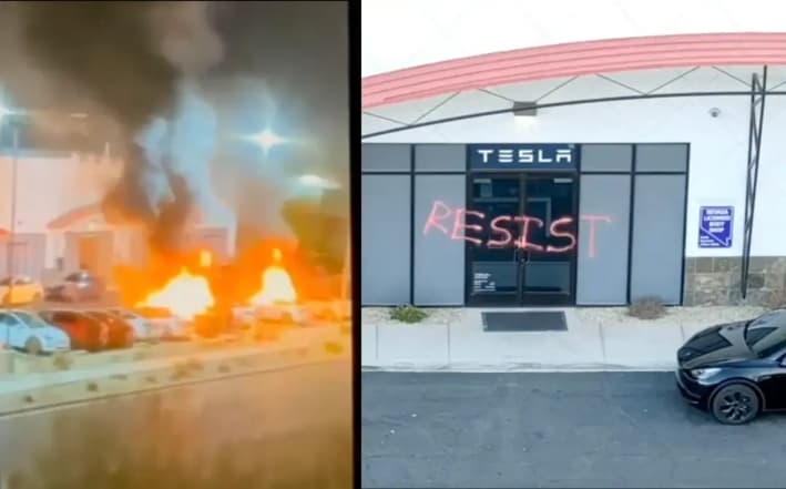 (Izquierda) Vehículos Tesla en llamas. (Derecha) La palabra «RESIST» pintada con spray en las puertas de un centro de servicio en Las Vegas, el 18 de marzo de 2025. (Departamento de Policía Metropolitana de Las Vegas)