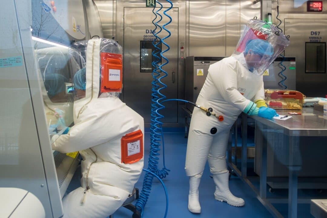 Trabajadores junto a una jaula con ratones (derecha) dentro del laboratorio P4 en Wuhan, provincia de Hubei, China, el 23 de febrero de 2017. (Johannes Eisele/AFP a través de Getty Images)