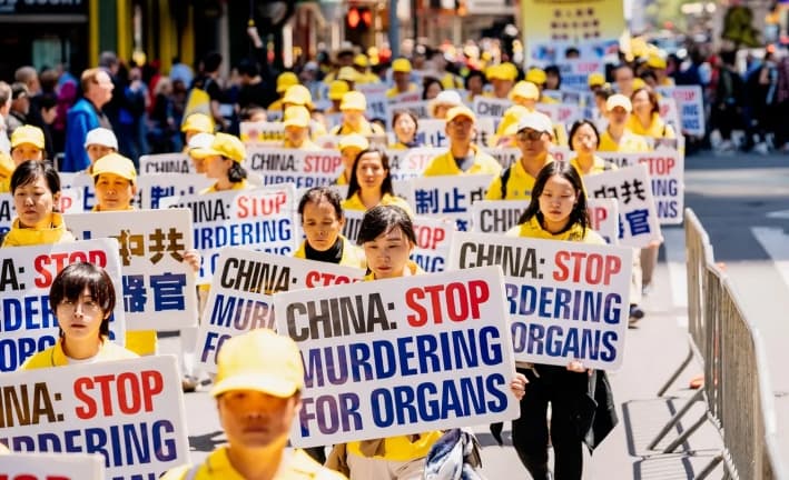 Practicantes de Falun Dafa conciencian sobre las atrocidades de la sustracción forzada de órganos en China, mientras marchan por Manhattan celebrando el Día Mundial de Falun Dafa, el 16 de mayo de 2019. (Edward Dye/The Epoch Times)