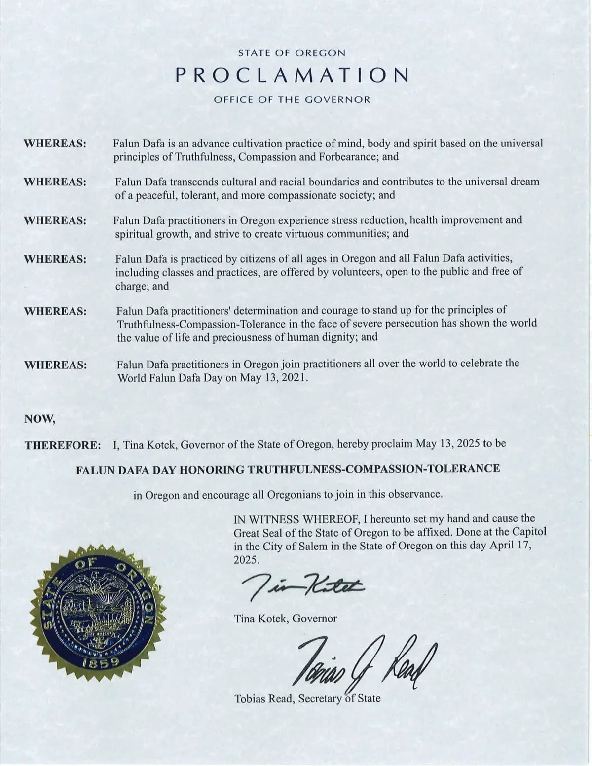 Proclamación conmemorativa del Día Mundial de Falun Dafa emitida por la gobernadora de Oregón, Tina Kotek. (Cortesía de Minghui.org)