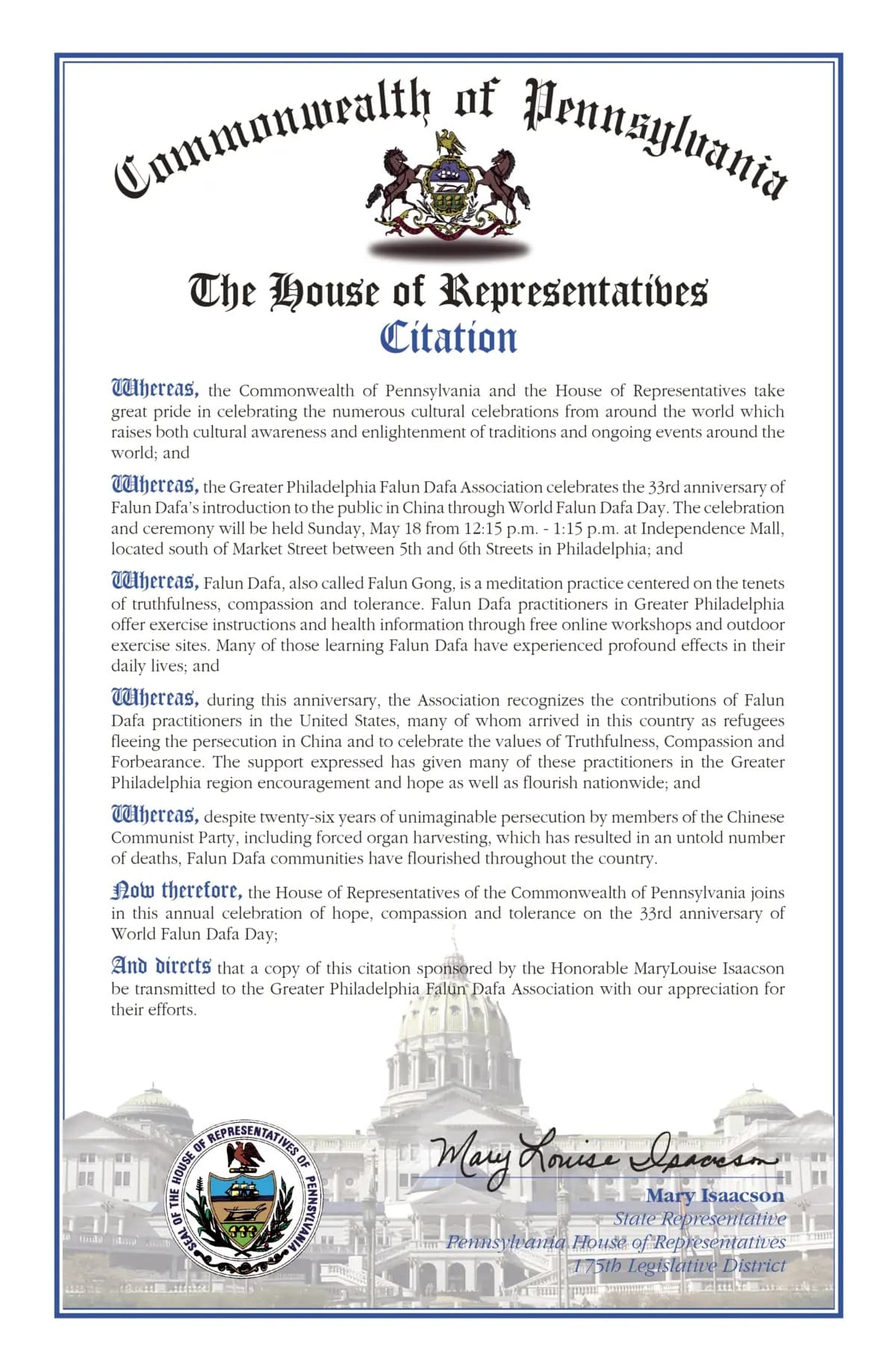 Cita conmemorativa del Día Mundial de Falun Dafa emitida por la senadora de Pensilvania, Mary Isaacson. (The Epoch Times)