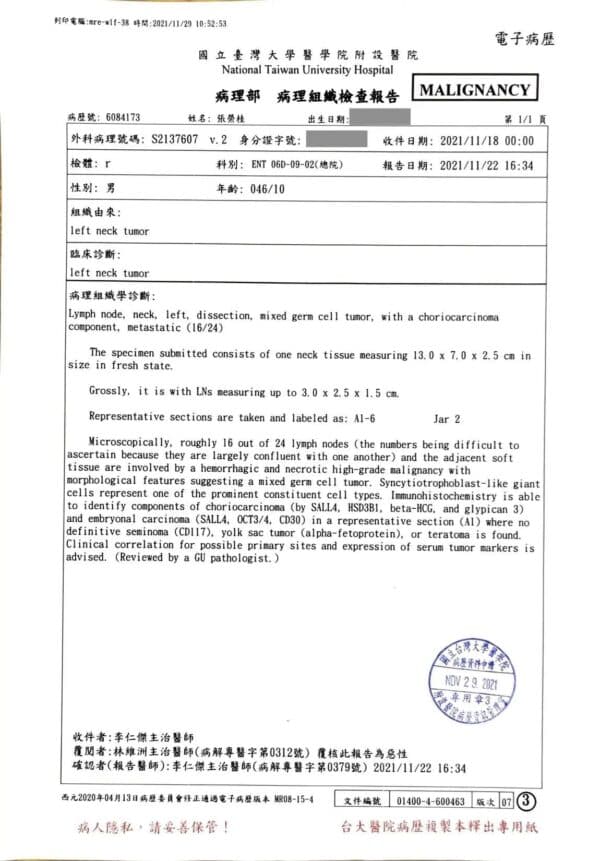 Historial médico del Sr. Chang sobre el nivel del marcador tumoral beta-HCG. (Foto cortesía de Brian Chang)