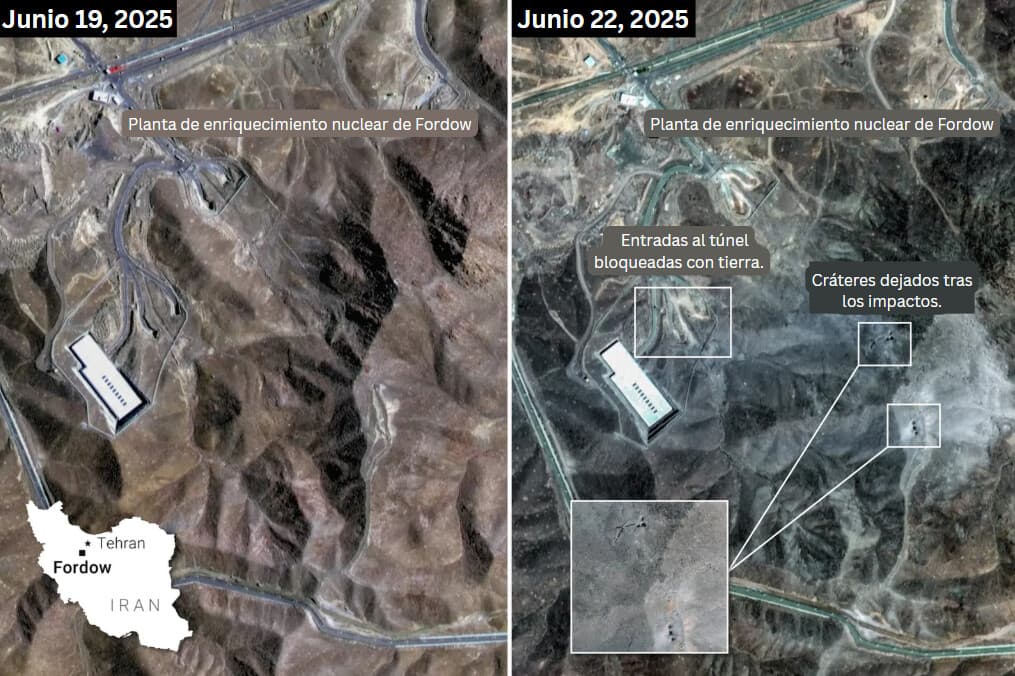 Antes y después del bombardeo estadounidense del 21 de junio contra la planta de enriquecimiento de uranio de Fordow, al norte de Qom, Irán. (Ilustración de The Epoch Times, Reuters, Shutterstock).