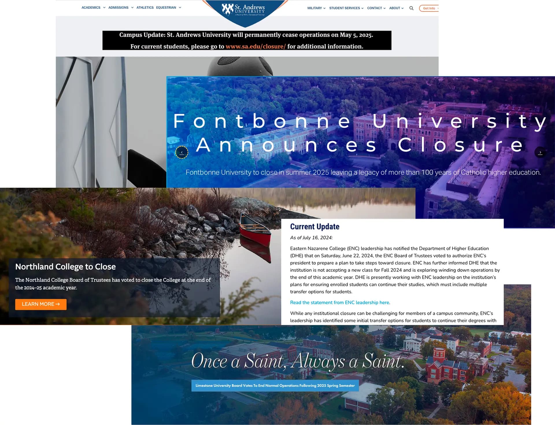 Varias universidades han anunciado recientemente su cierre, entre ellas la Universidad de St. Andrews en Carolina del Norte, la Universidad de Limestone en Carolina del Sur, el Eastern Nazarene College en Massachusetts, la Universidad de Fontbonne en Misuri y el Northland College en Wisconsin. (Sitios web oficiales de las universidades/Captura de pantalla vía The Epoch Times).