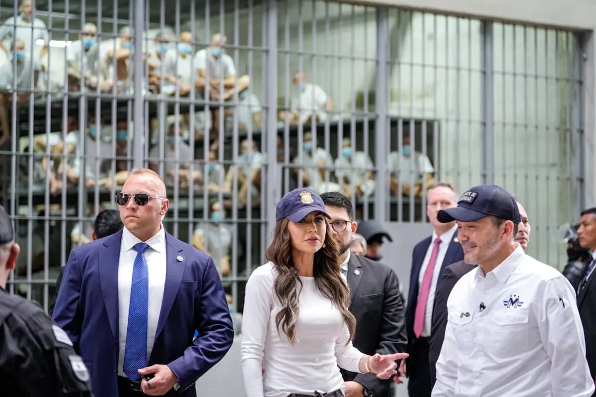 La secretaria del Departamento de Seguridad Nacional, Kristi Noem, acompañada por el ministro de Justicia y Seguridad Pública de El Salvador, Héctor Gustavo Villatoro (derecha), visita el Centro de Confinamiento Terrorista (CECOT) en Tecoluca, El Salvador, el 26 de marzo de 2025. (Alex Brandon-Pool/Getty Images).