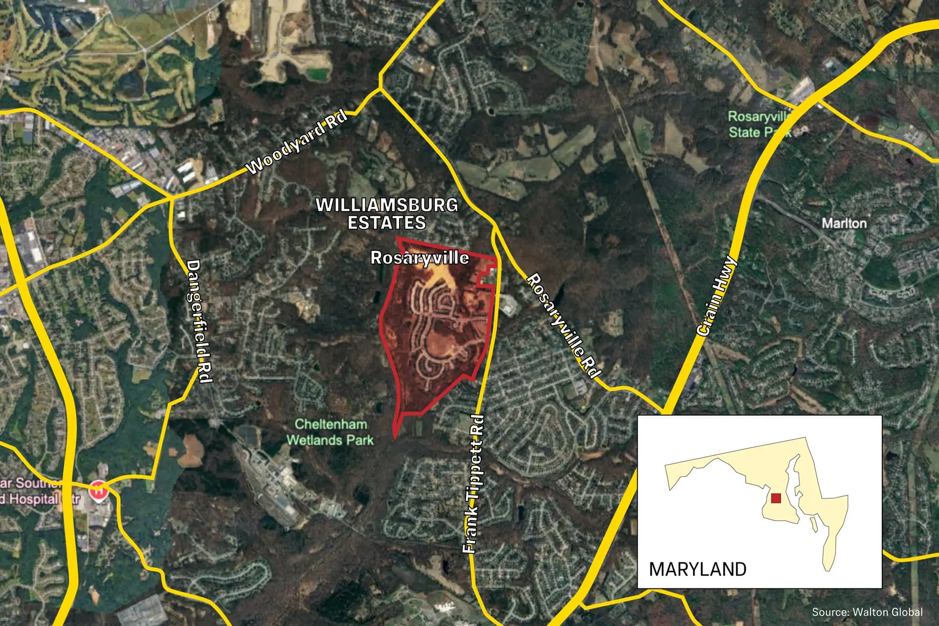 (Arriba) El desarrollo del Westphalia Town Center en Upper Marlboro en el condado de Prince George, frente a la Base Conjunta Andrews-Naval Air Facility en Maryland. (Abajo) El desarrollo de Canter Creek en Upper Marlboro en el condado de Prince George, una milla al sur de la Base Conjunta Andrews-Naval Air Facility en Maryland. (Ilustración de The Epoch Times, Google Earth).