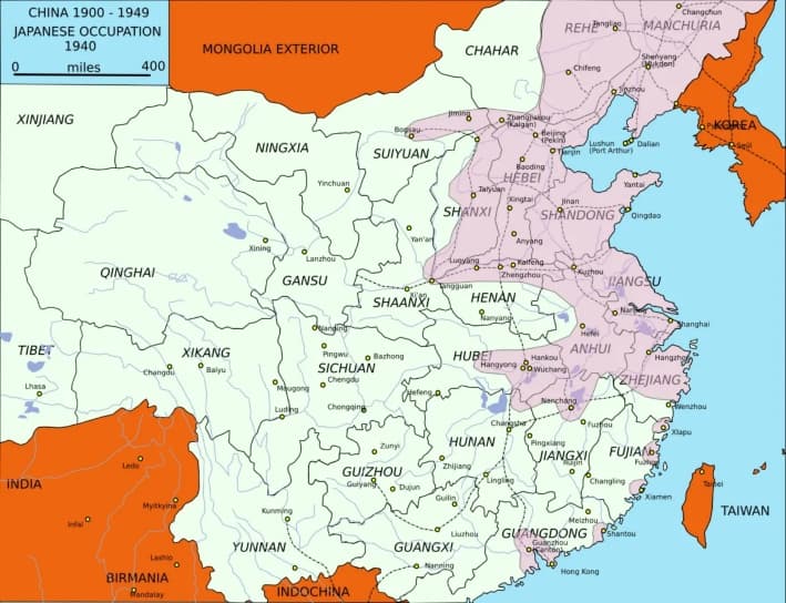 Territorios de China y de países vecinos ocupados por Japón, mostrados en naranja y rosa en el mapa de 1940. (Dominio público)