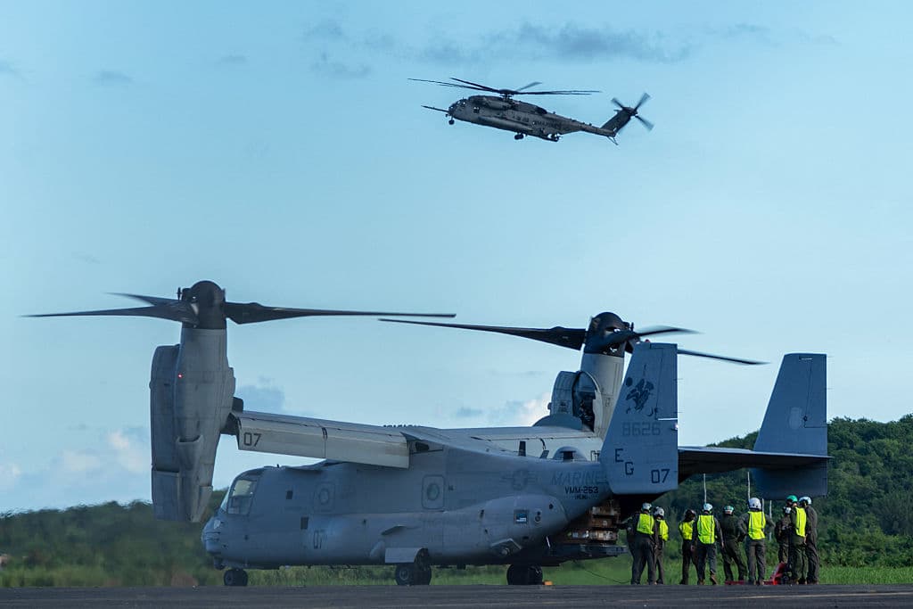 Infantes de Marina de los EE. UU. descargan equipo de un V-22 Osprey mientras un helicóptero Sikorsky CH-53K King Stallion sobrevuela a su llegada al Aeropuerto José Aponte de la Torre, antigua Estación Naval Roosevelt Roads, en Ceiba, Puerto Rico, el 1 de septiembre de 2025.  (JAYDEE LEE SERRANO/AFP vía Getty Images)