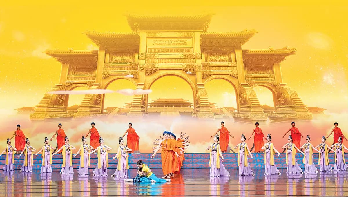 Bailarines de Shen Yun interpretan una danza clásica china en el escenario. (Cortesía de Shen Yun Performing Arts)