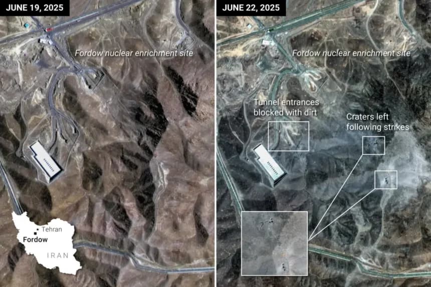 Antes y después del bombardeo estadounidense del 21 de junio al sitio de enriquecimiento de uranio de Fordow, al norte de Qom, Irán. (Ilustración de The Epoch Times, Reuters, Shutterstock)