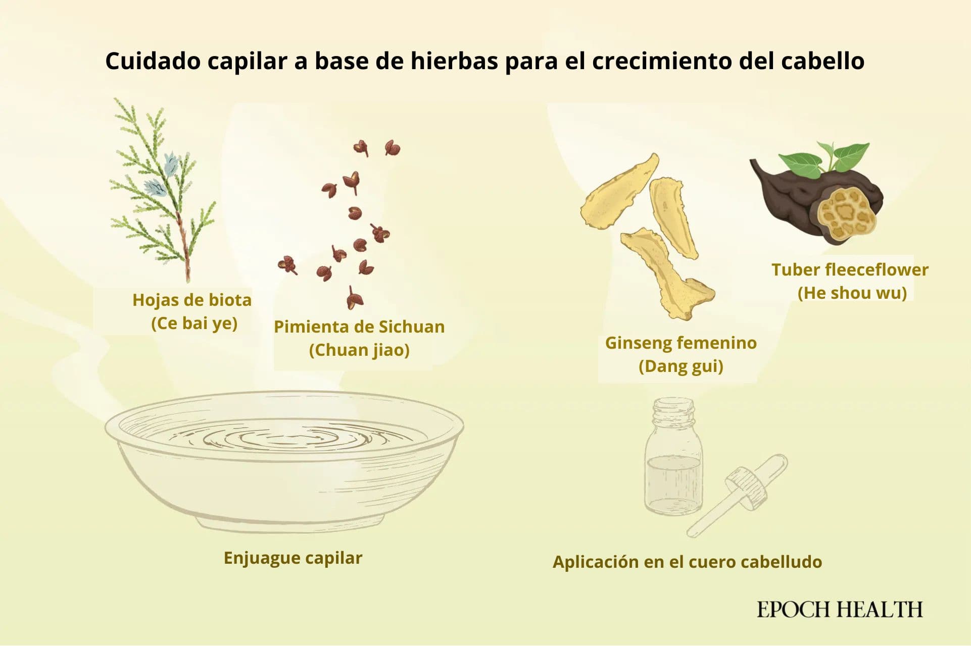 Las hierbas comunes se pueden usar como enjuague natural para el cabello o como aplicación en el cuero cabelludo. (Ilustración de The Epoch Times, Shutterstock)