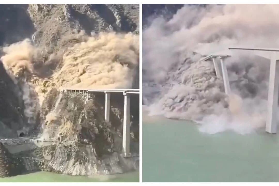 El derrumbe del puente Hongqi en la provincia china de Sichuan el 11 de noviembre de 2025. (Captura de pantalla vía X).