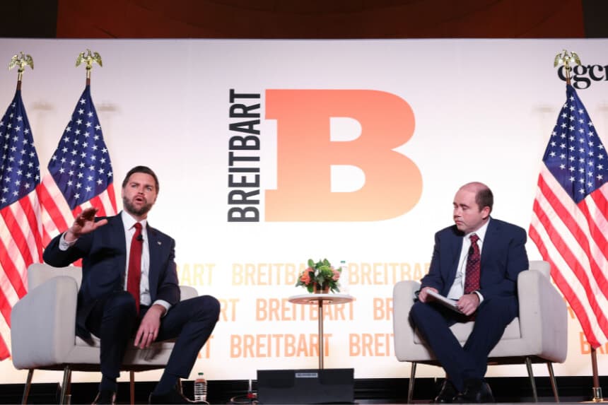 U.S. Vice President JD Vance participates in a fireside chat with Breitbart Washington Bureau Chief Matt Boyle at the Andrew W. Mellon Auditorium on November 20, 2025 in Washington, DC. Vance was interviewed on the issues and goals of the second Trump Administration. (Photo by Tasos Katopodis/Getty Images)