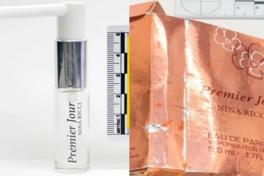 Imágenes sin fecha de un frasco de perfume (izquierda) que contenía el agente nervioso mortal Novichok, y el empaque falso (derecha) en el que venía, que mató a Dawn Sturgess en Salisbury, Inglaterra, el 8 de julio de 2018. (Policía Metropolitana/Investigación de Dawn Sturgess)