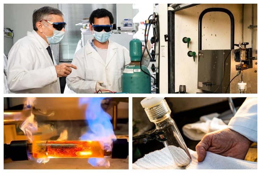 (Arriba) El químico de la Universidad Rice James Tour (izquierda) y el investigador asociado postdoctoral Bing Deng se preparan para "flashear" residuos electrónicos con el fin de recuperar sus valiosos metales para su reciclaje. Tour desarrolló una técnica para extraer rápidamente metales de tierras raras de residuos electrónicos, cenizas, relaves y otros materiales. (Abajo a la izquierda) La innovadora investigación se basa en el desarrollo de Tour en 2020 de aplicaciones de eliminación y reciclaje de residuos mediante el calentamiento flash Joule. (Abajo a la derecha) Un frasco contiene metales que han sido separados de otros componentes en una placa de circuito triturada mediante calentamiento instantáneo por efecto Joule en un laboratorio de la Universidad Rice. (Jeff Fitlow, laboratorio de James Tour/Universidad Rice)