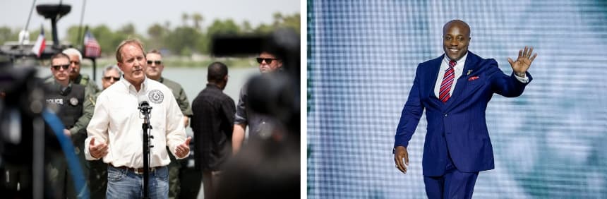 (Izquierda) El fiscal general de Texas, Ken Paxton, en una rueda de prensa en el parque Anzalduas, cerca de McAllen (Texas), el 28 de abril de 2021. (Derecha) El representante Wesley Hunt (R-Texas) sube al escenario en la Convención Nacional Republicana, en Milwaukee, el 15 de julio de 2024. Paxton y Hunt se presentan para sustituir al senador titular John Cornyn (R-Texas). (Charlotte Cuthbertson/The Epoch Times; Chip Somodevilla/Getty Images)