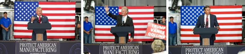(Izquierda) El representante Buddy Carter (R-Ga.) se dirige a los partidarios del presidente Donald Trump en un acto celebrado en Peachtree City, Georgia, el 21 de agosto de 2025. (Centro) El representante Mike Collins (R-Ga.) habla en el mismo evento en Peachtree City, Georgia, el 21 de agosto de 2025. (Derecha) El exentrenador de fútbol americano y candidato republicano al Senado de Estados Unidos, Derek Dooley, habla en el mismo evento en Peachtree City, Georgia, el 21 de agosto de 2025. Cada candidato ha hecho hincapié en su lealtad a Trump mientras compiten por el respaldo de la Casa Blanca, aunque el presidente se ha mantenido al margen de la carrera hasta ahora. (Megan Varner/Getty Images)