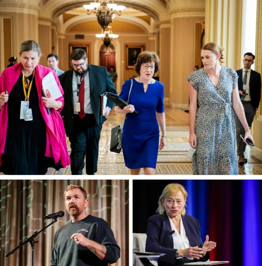 (Arriba) La senadora Susan Collins (R-Maine) camina con su equipo en el Capitolio de Estados Unidos, el 28 de julio de 2025. (Abajo a la izquierda) El candidato al Senado de los Estados Unidos Graham Platner, veterano de la Marina de Estados Unidos y criador de ostras, habla en un foro ciudadano en Ogunquit, Maine, el 22 de octubre de 2025. (Abajo a la derecha) La gobernadora de Maine, Janet Mills, demócrata, pronuncia unas palabras en un acto en National Harbor, Maryland, el 4 de mayo de 2023. (Anna Moneymaker, Sophie Park, Kevin Dietsch/Getty Images)