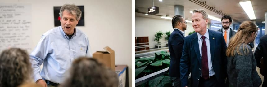 (Izquierda) El senador Sherrod Brown (D-Ohio) se dirige a los voluntarios en una oficina de campaña en Cleveland Heights, Ohio, el 4 de noviembre de 2024. (Derecha) El senador Jon Husted (R-Ohio) se dirige a votar al Capitolio de Estados Unidos, el 18 de febrero de 2025. Brown, que perdió su escaño en las elecciones de 2024, ahora busca derrocar a Husted después de que este fuera nombrado por el gobernador Mike DeWine para ocupar el escaño del vicepresidente JD Vance. (Stephen Maturen, Chip Somodevilla/Getty Images)