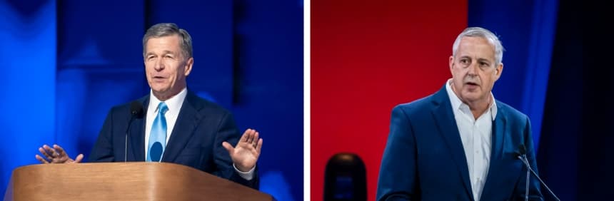 (Izquierda) El entonces gobernador de Carolina del Norte, Roy Cooper, habla durante el último día de la Convención Nacional Demócrata, en Chicago, el 22 de agosto de 2024. (Derecha) El presidente del Comité Nacional Republicano, Michael Whatley, habla en la conferencia Road to Majority 2024, en Washington, el 22 de junio de 2024. Ambos aspiran a ocupar el escaño que dejará vacante el senador Thom Tillis (R-N.C.), que se jubilará. (Madalina Vasiliu/The Epoch Times)