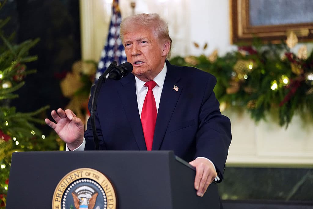 El presidente de Estados Unidos, Donald Trump, se dirige a la nación desde la Sala Diplomática de la Casa Blanca el 17 de diciembre de 2025 en Washington, D.C. (Foto de Doug Mills - Pool/Getty Images)