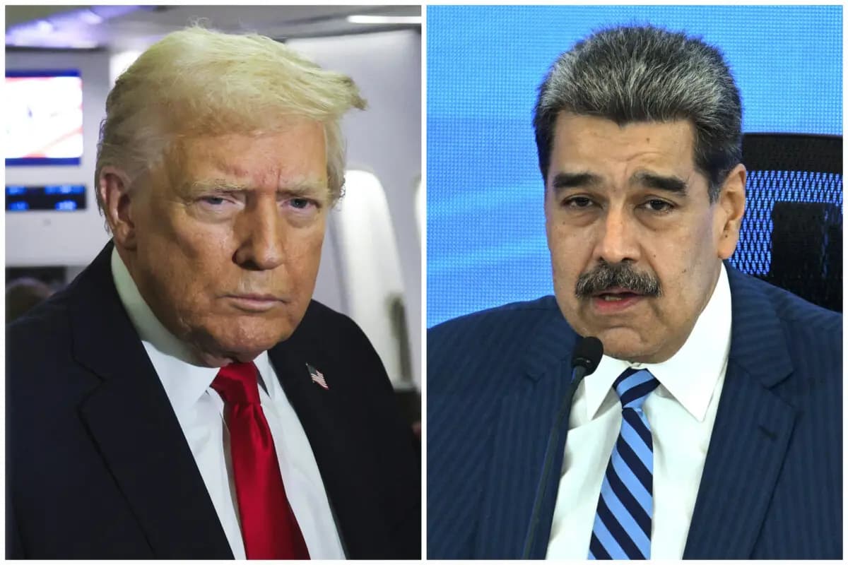 (Izquierda) El presidente de Estados Unidos, Donald Trump, observa desde a bordo del Air Force One durante su viaje a Palm Beach, Florida, desde la Base Conjunta Andrews, Maryland, el 25 de noviembre de 2025. (Derecha) El presidente venezolano, Nicolás Maduro, habla durante la Reunión de Juristas en Defensa del Derecho Internacional en el Hotel Eurobuilding de Caracas el 14 de noviembre de 2025. (Anna Rose Layden/Reuters; Federico Parra/AFP a través de Getty Images).