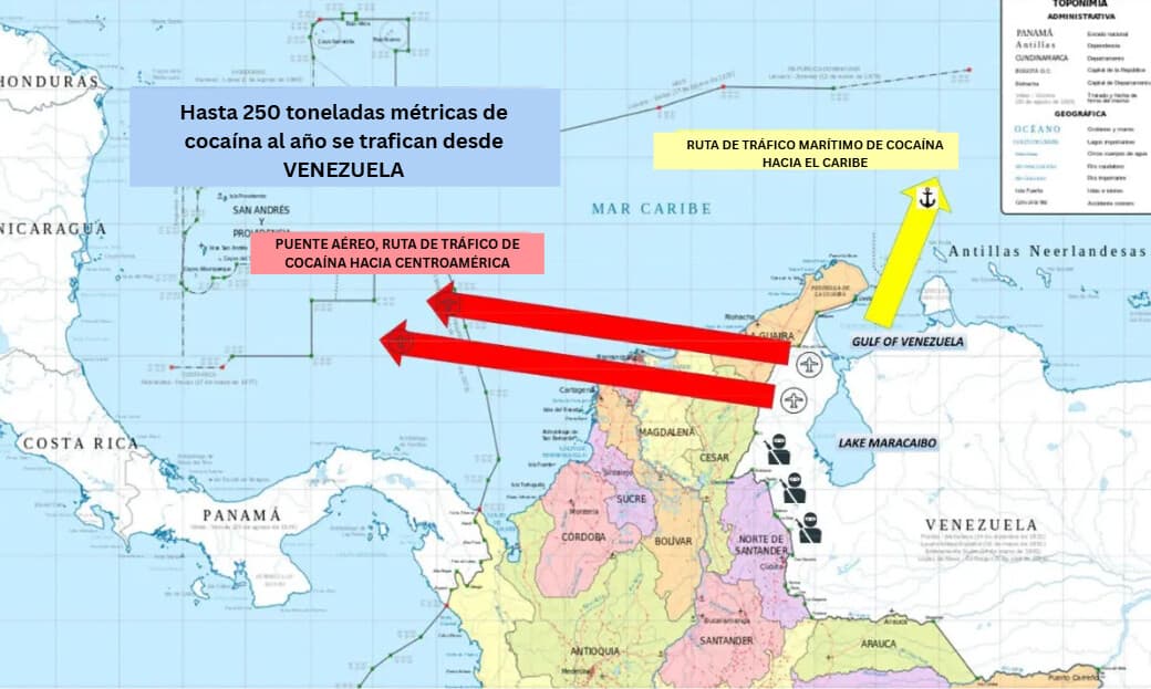 Funcionarios del Departamento de Justicia alegaron que el presidente venezolano Nicolás Maduro y otros funcionarios del régimen dirigían un cartel destinado a inundar Estados Unidos con cocaína. Los Estados Unidos estiman que cada año se trafican 250 toneladas métricas de cocaína desde Venezuela. (Departamento de Justicia).