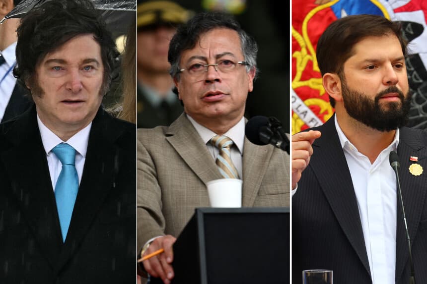 <em>(De izq. a dcha.) El presidente de Argentina, Javier Milei. El presidente de Colombia, Gustavo Petro. El presidente de Chile, Gabriel Boric. (AIZAR RALDES y RAÚL ARBOLEDA/AFP a través de Getty Images/Marcelo Hernández/Getty Images)</em>