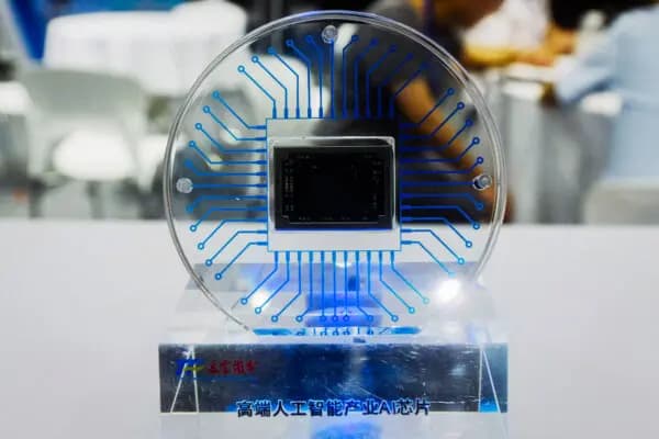 Un chip de IA fabricado por Tongfu Microelectronics se exhibe durante el Congreso Mundial de Semiconductores en Nanjing, China, el 19 de julio de 2023. (STR/AFP a través de Getty Images)