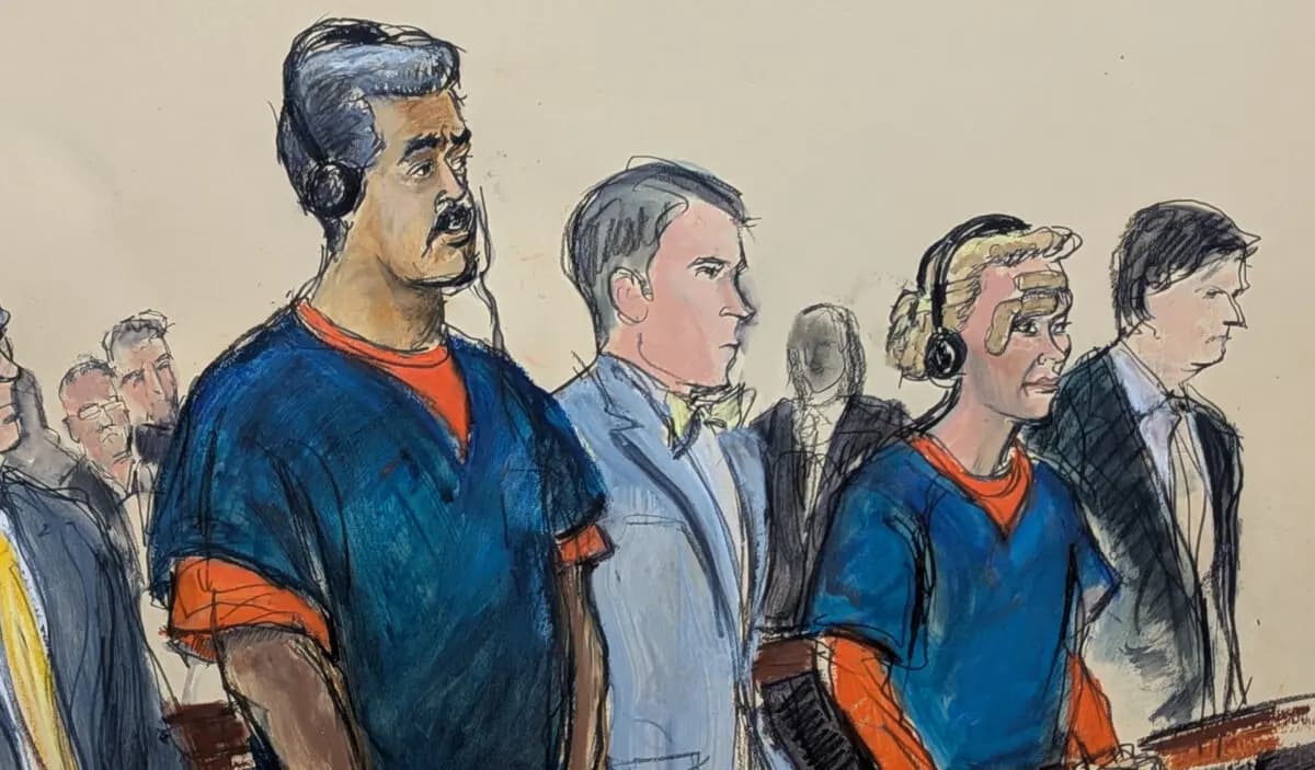 <em>En este boceto de la sala de la corte, el líder venezolano Nicolás Maduro (Izq.) y su esposa, Cilia Flores (segunda a la Derecha), comparecen ante la corte federal de Manhattan con sus abogados defensores Mark Donnelly (segundo a la Izq.) y Andrés Sánchez, el 5 de enero de 2026, en Nueva York. (Elizabeth Williams vía AP)</em>
