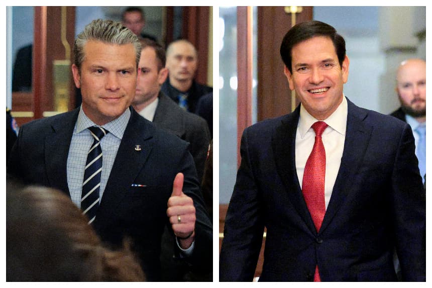 (I) El secretario de Guerra de Estados Unidos, Pete Hegseth (Chip Somodevilla/Getty Image) y (D)el secretario de Estado de los Estados Unidos, Marco Rubio, llegan a una reunión informativa con los líderes del Congreso bicameral en el Capitolio de los Estados Unidos el 5 de enero de 2026 en Washington, DC. (Chip Somodevilla/Getty Images)
