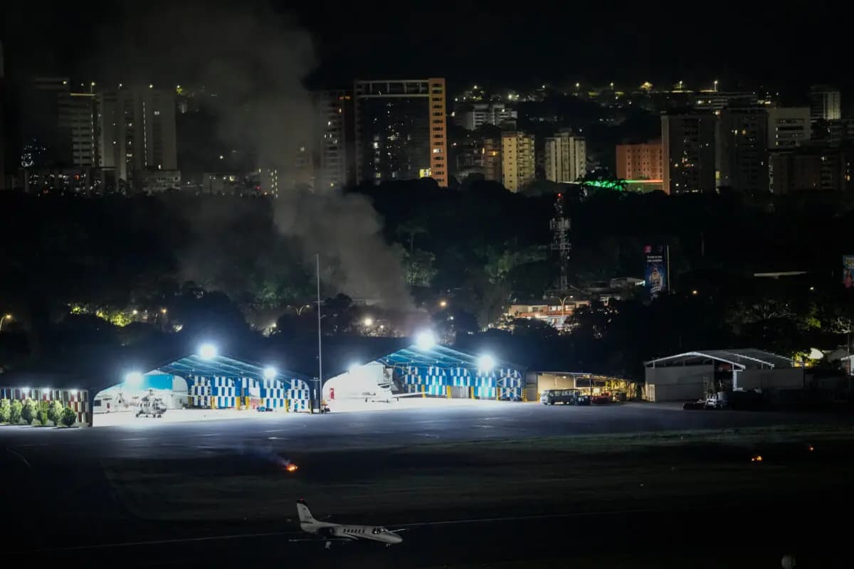 Humo se eleva en el aeropuerto La Carlota tras explosiones y aviones volando a baja altura en Caracas, Venezuela, el sábado 3 de enero de 2026. (Foto AP/Matias Delacroix).