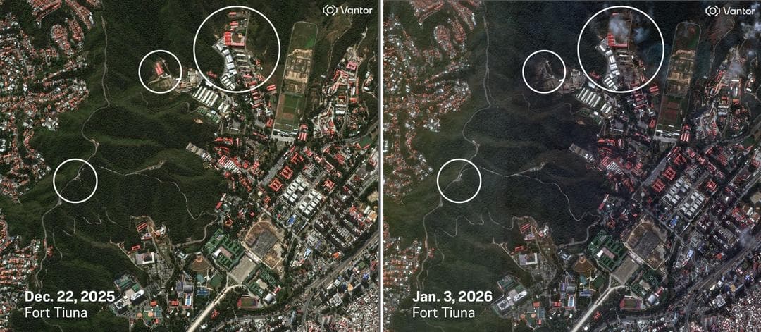 (Izquierda) El barrio de Fuerte Tiuna en Caracas, Venezuela, el 22 de diciembre de 2025. (Derecha) El mismo barrio después de los ataques estadounidenses del 3 de enero de 2026. Las fuerzas estadounidenses llevaron a cabo una incursión antes del amanecer en Caracas, capturaron al líder venezolano Nicolás Maduro y a su esposa, Cilia Flores, y los trasladaron en avión a Estados Unidos para que se enfrentaran a cargos federales. ©2026 Vantor vía AP