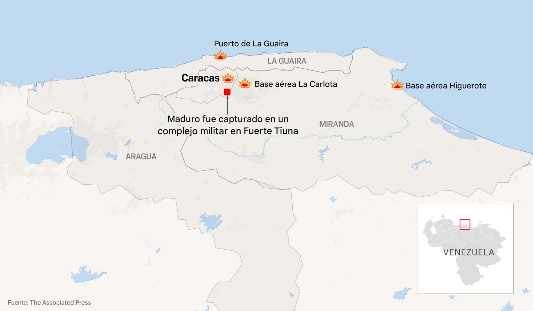 Esta ilustración muestra Caracas y los estados en los que, según el régimen venezolano, se produjeron ataques militares estadounidenses antes de la captura del líder venezolano Nicolás Maduro y su esposa el 3 de enero de 2025. (Anika Arora Seth, Phil Holm vía AP)