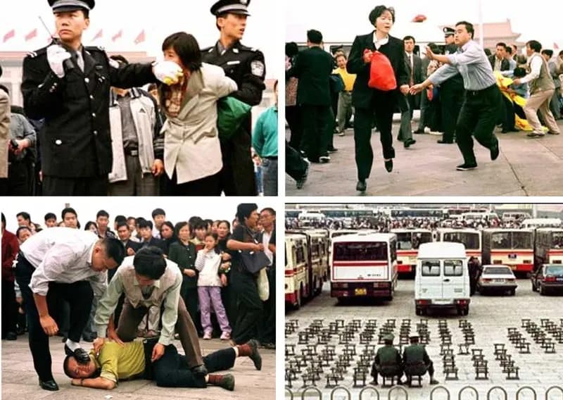 La policía china detiene violentamente a practicantes de Falun Gong en la plaza de Tiananmen durante protestas pacíficas en 2000 y 2001. (Minghui.org)