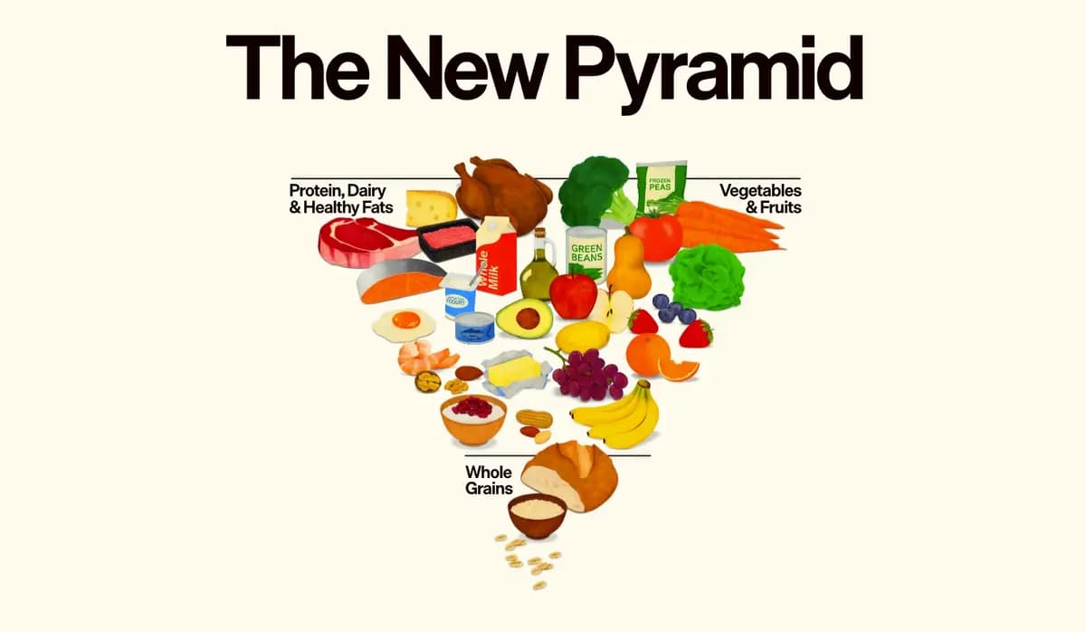 El Departamento de Agricultura de los Estados Unidos (USDA) presenta una nueva pirámide alimentaria invertida el 7 de enero de 2026. Captura de pantalla vía The Epoch Times/USDA.