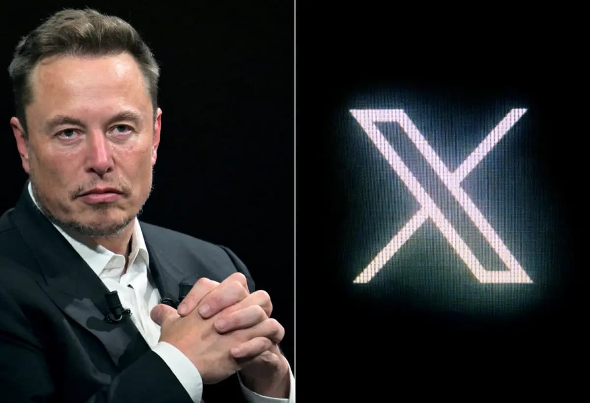<em>(Izquierda) Elon Musk en la feria de startups tecnológicas e innovación Vivatech, celebrada en el recinto ferial Porte de Versailles de París, el 16 de junio de 2023. (Derecha) El logotipo de la X, fotografiado en una pantalla en París el 24 de julio de 2023. (Alain Jocard/AFP vía Getty Images)</em>