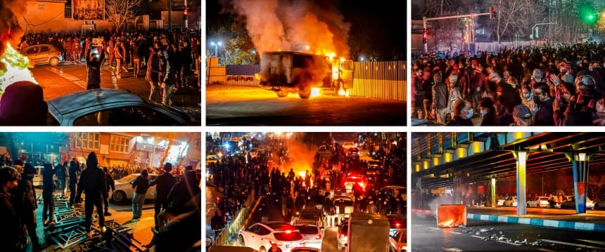 (Arriba a la izquierda) Iraníes bloquean una calle y se incendian vehículos durante una protesta en Teherán, Irán, los días 8 y 9 de enero de 2026. (Arriba, en el centro) Un vehículo arde durante las protestas en Teherán, Irán, el 8 de enero de 2026. (Arriba, a la derecha) Iraníes se reúnen mientras bloquean una calle durante una protesta en Teherán, Irán, el 9 de enero de 2026. (Abajo, a la izquierda) La gente se reúne durante una protesta en Teherán, Irán, el 8 de enero de 2026. (Abajo, en el centro) La gente se reúne durante una protesta en Teherán, Irán, el 8 de enero de 2026. (Abajo, a la derecha) Un contenedor de basura arde durante los disturbios en Teherán, Irán, el 8 de enero de 2026. (MAHSA/Middle East Images/AFP a través de Getty Images, Khoshiran/Middle East Images/AFP a través de Getty Images, Anónimo/Getty Images)