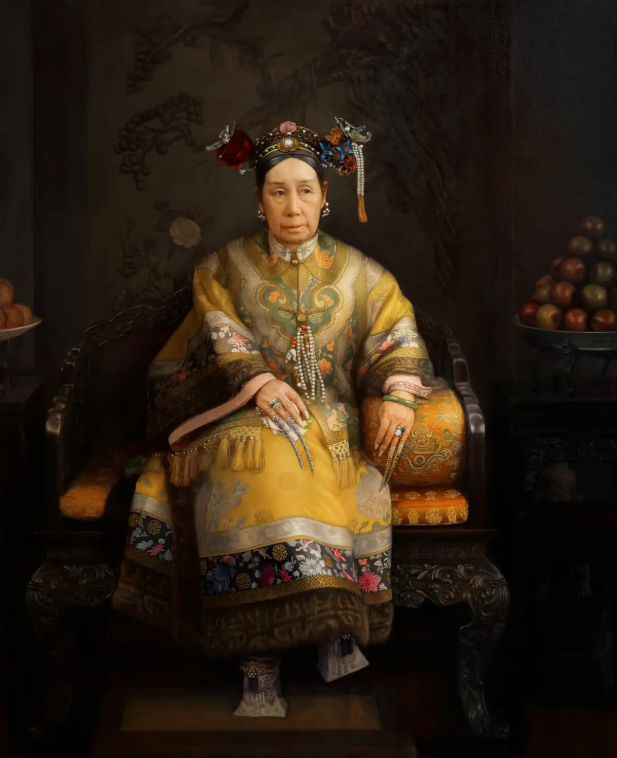 <em>"Emperatriz Viuda Cixi", 2025, de Yuehua He. Óleo sobre lienzo; 152 x 122 cm. (Cortesía del Concurso Internacional de Pintura Figurativa NTD).</em>