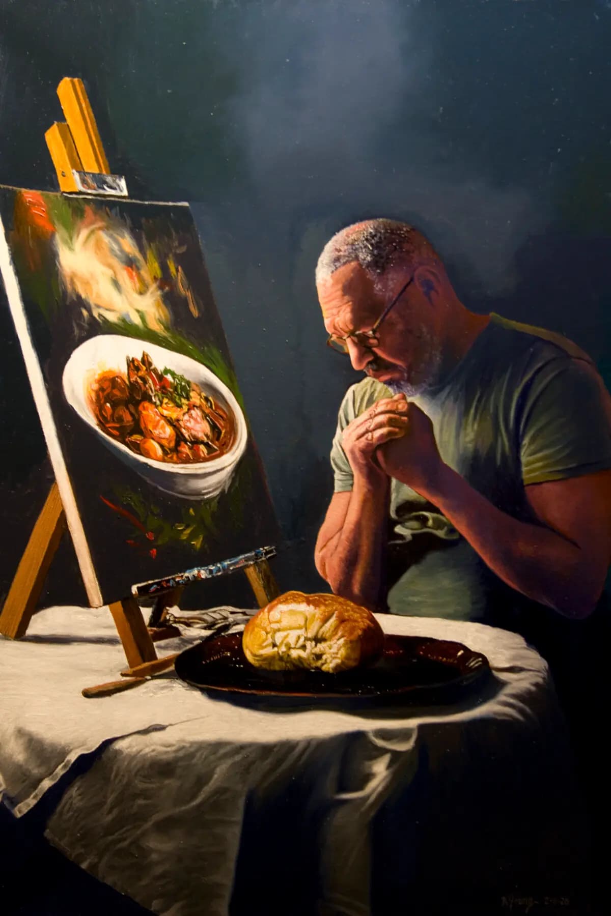 <em>"La Oración del Artista", 2025, de Kenneth Young. Óleo sobre lienzo; 91 x 61 cm. (Cortesía del Concurso Internacional de Pintura Figurativa NTD).</em>