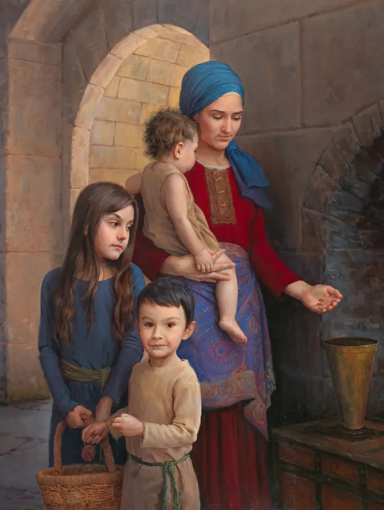 <em>"La ofrenda de la viuda", 2023, de Ken Corbett. Óleo sobre lienzo; 152 x 122 cm. (Cortesía del Concurso Internacional de Pintura Figurativa NTD).</em>