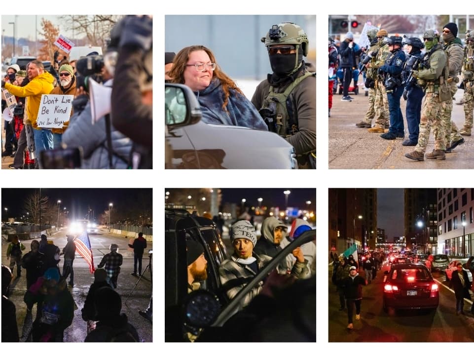 (Arriba a la izquierda) Manifestantes protestan frente al edificio federal Bishop Henry Whipple en Minneapolis el 9 de enero de 2026. (Arriba en el centro) Agentes federales detienen a una mujer frente al edificio federal Bishop Henry Whipple en Minneapolis el 9 de enero de 2026. (Arriba a la derecha) Manifestantes protestan frente a los agentes federales y el edificio federal Bishop Henry Whipple en Minneapolis el 9 de enero de 2026. (Abajo a la izquierda) Manifestantes protestan frente a los oficiales federales y el edificio federal Bishop Henry Whipple en Minneapolis el 11 de enero de 2026. (Abajo en el centro) Un manifestante habla con un ayudante del sheriff (izquierda) frente al edificio federal Bishop Henry Whipple en Minneapolis el 11 de enero de 2026. (Abajo a la derecha) La gente protesta contra las operaciones federales de inmigración en Minneapolis el 9 de enero de 2026. (John Fredricks/The Epoch Times).